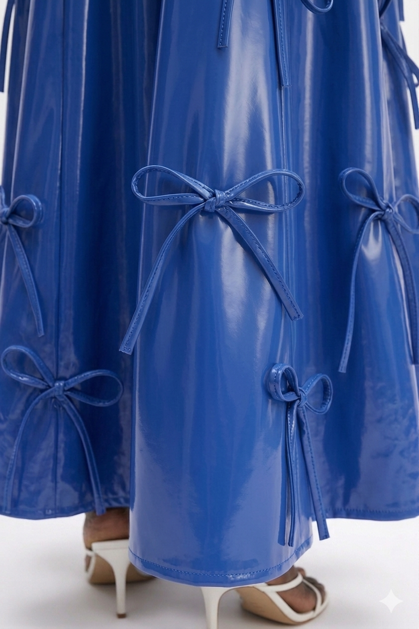 Woman wearing a white top and blue  KINGDOM OF DAUGHTERS skirt on a white background