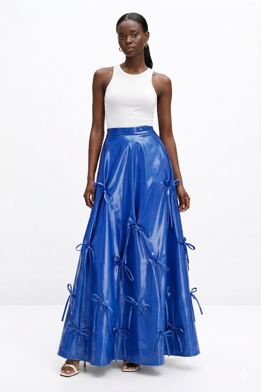 Woman wearing a white top and blue  KINGDOM OF DAUGHTERS skirt on a white background