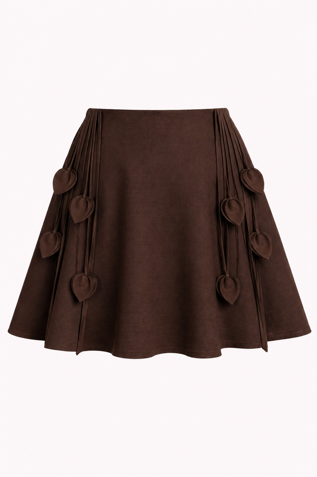 Brown skirt with heart-shaped cutouts on a white background
