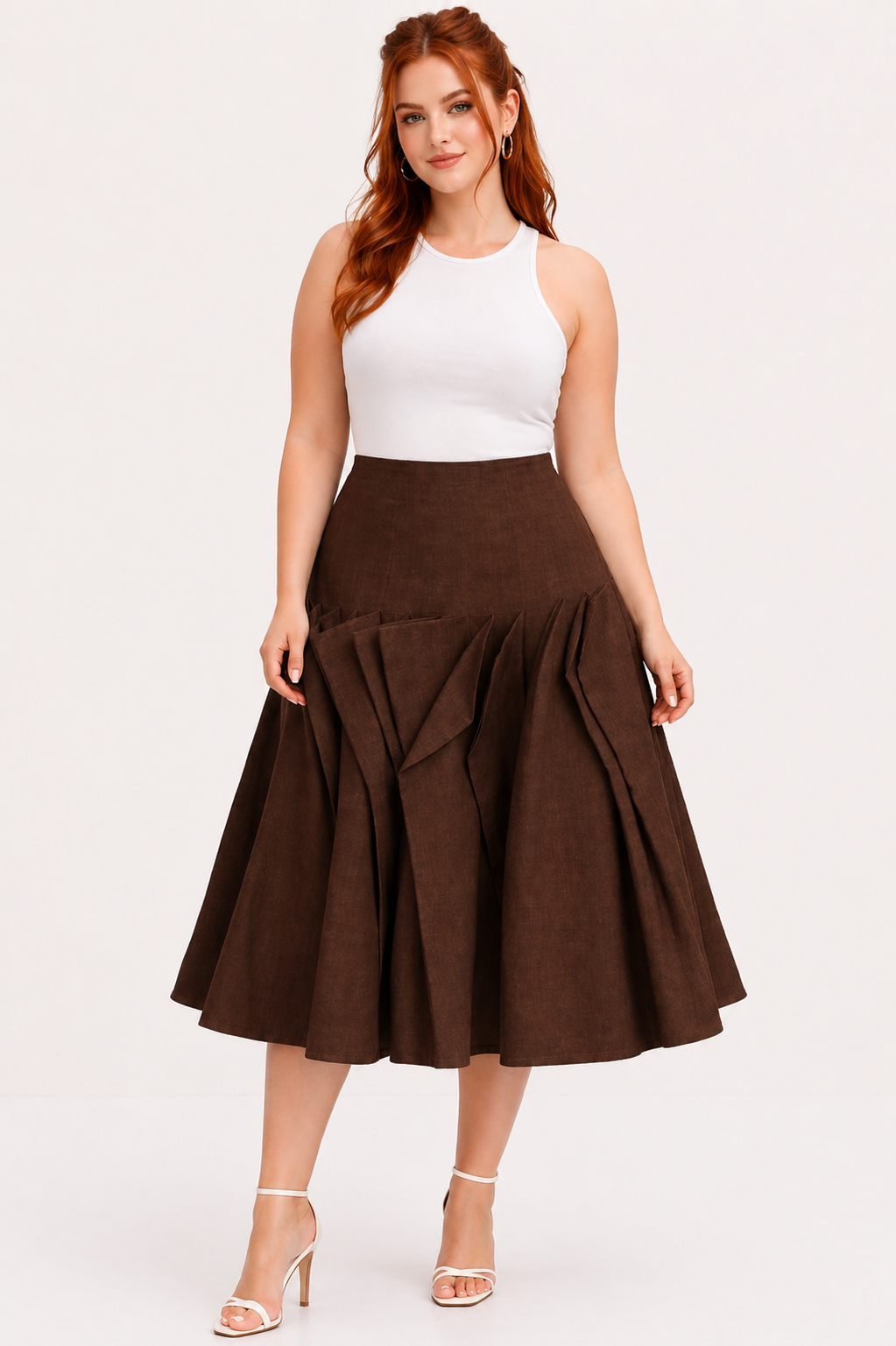 Woman wearing a white top and brown skirt on a white background