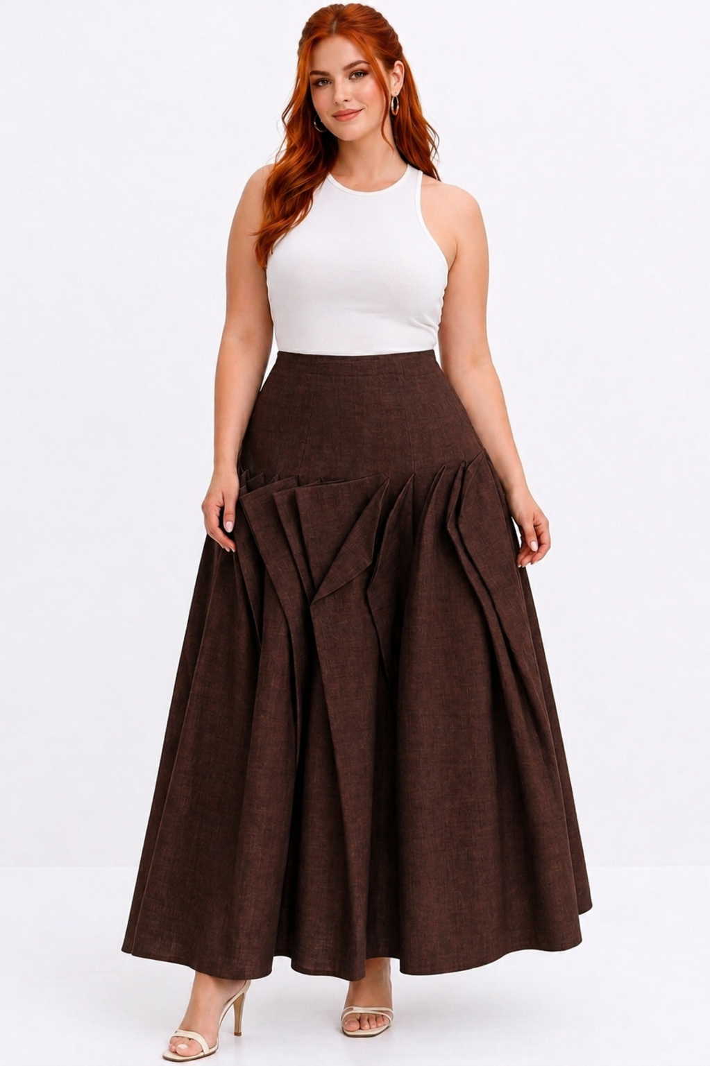 Woman wearing a white top and brown skirt on a white background