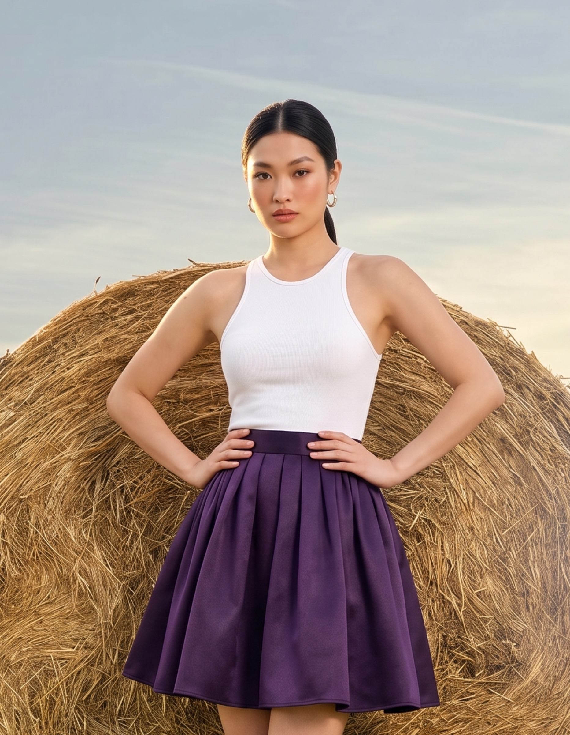 Woman in a white top and purple skirt standing on a hay bale with a blurred natural background