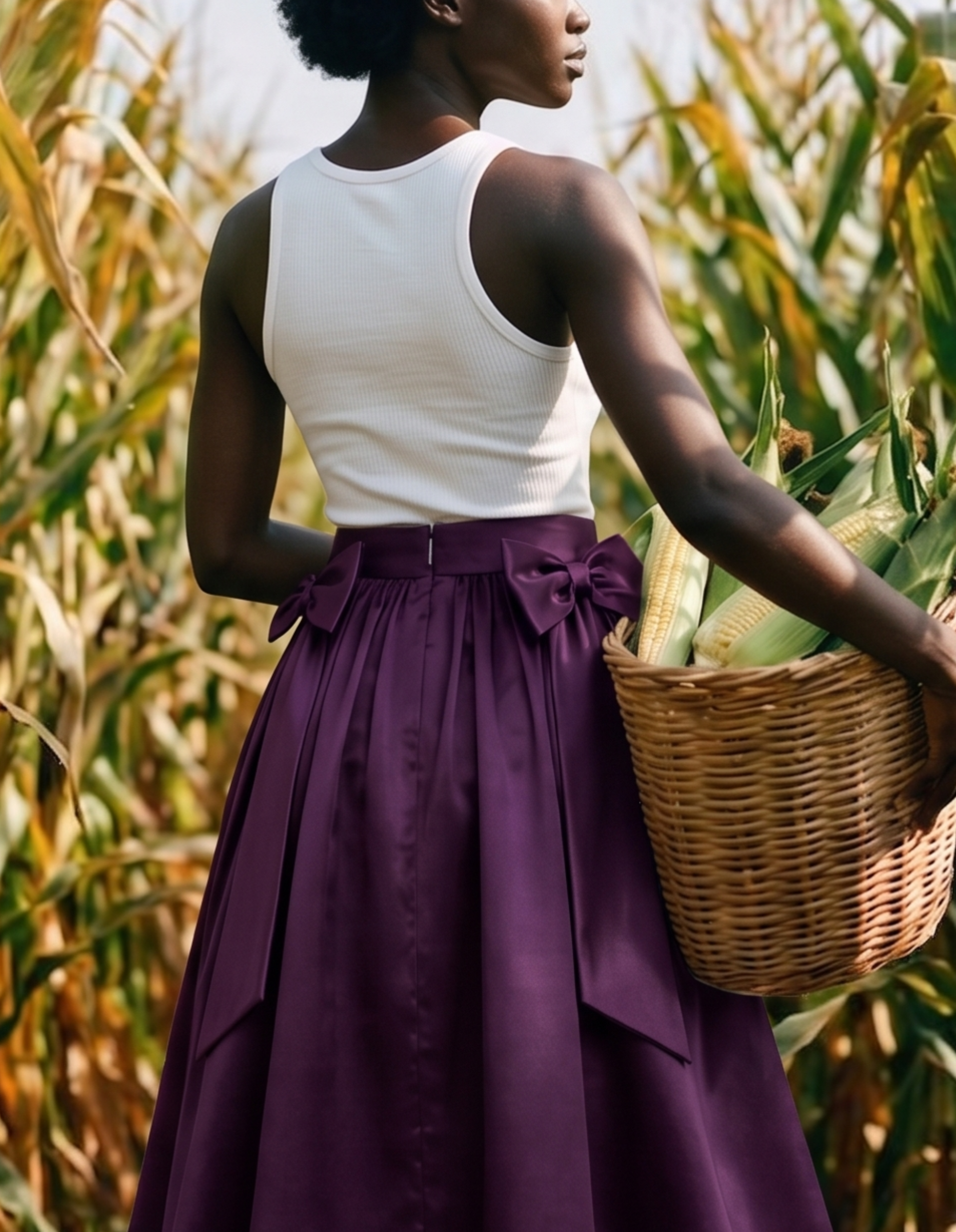 Woman in a white top and purple skirt holding a basket in a cornfield