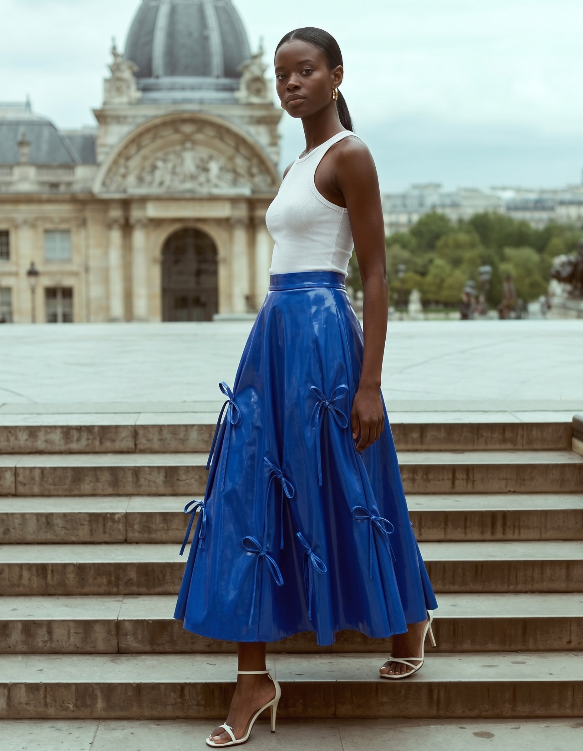 Woman in a white top and blue kingdom of daughters skirt standing on steps with a classical building in the background