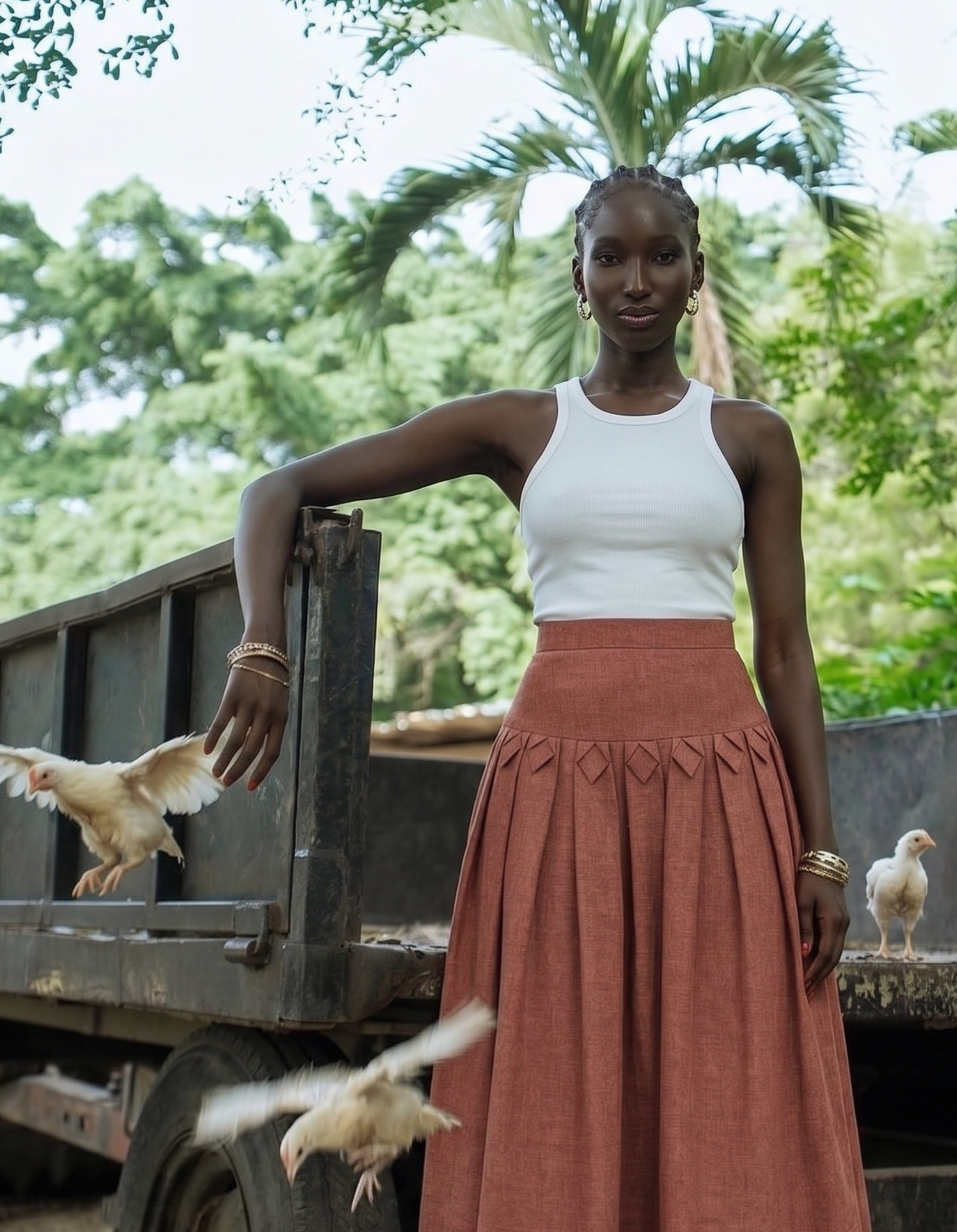Woman wearing a white top and rust-colored kingdom of daughters skirt 