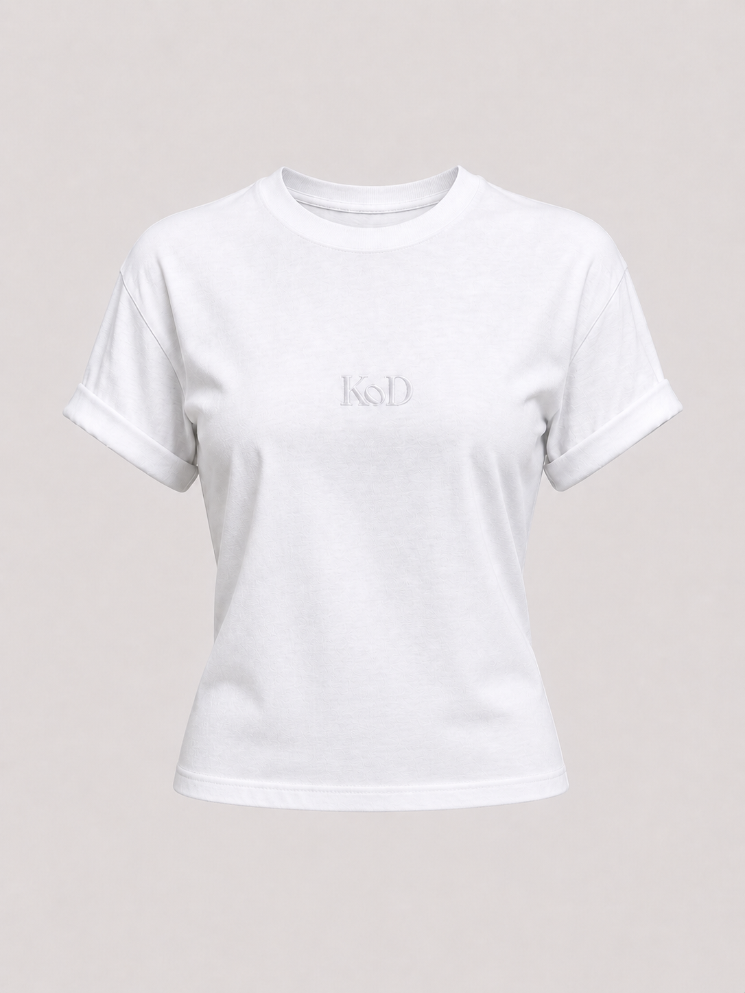 White t-shirt with a logo on a light gray background