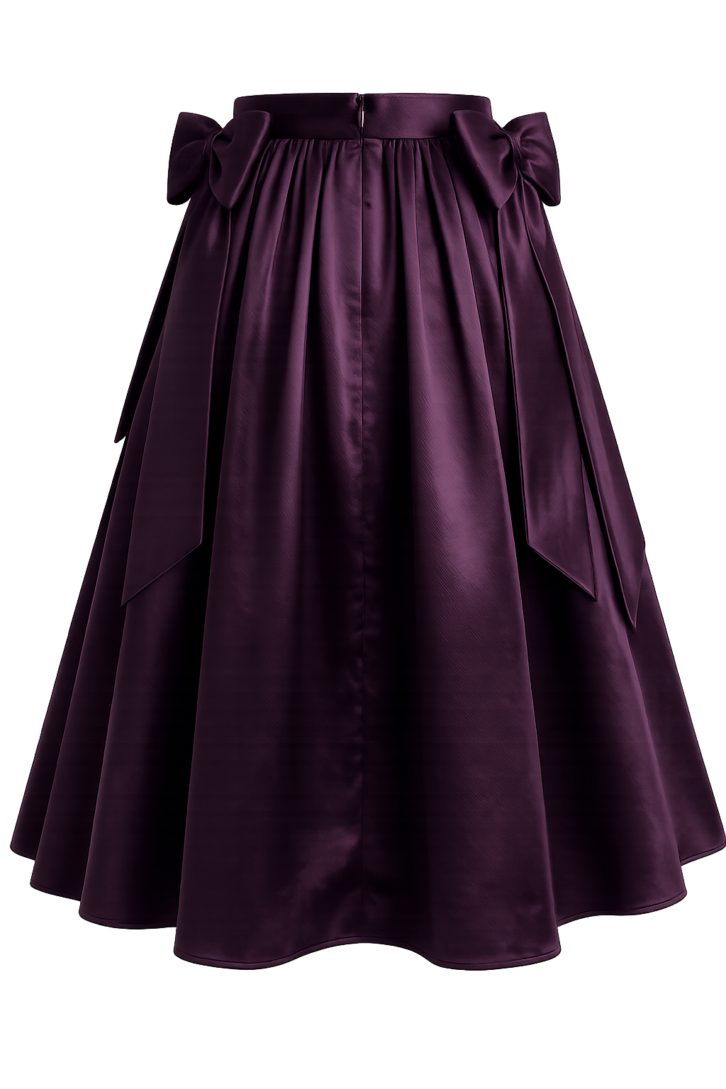 Purple satin skirt with bow details on a white background