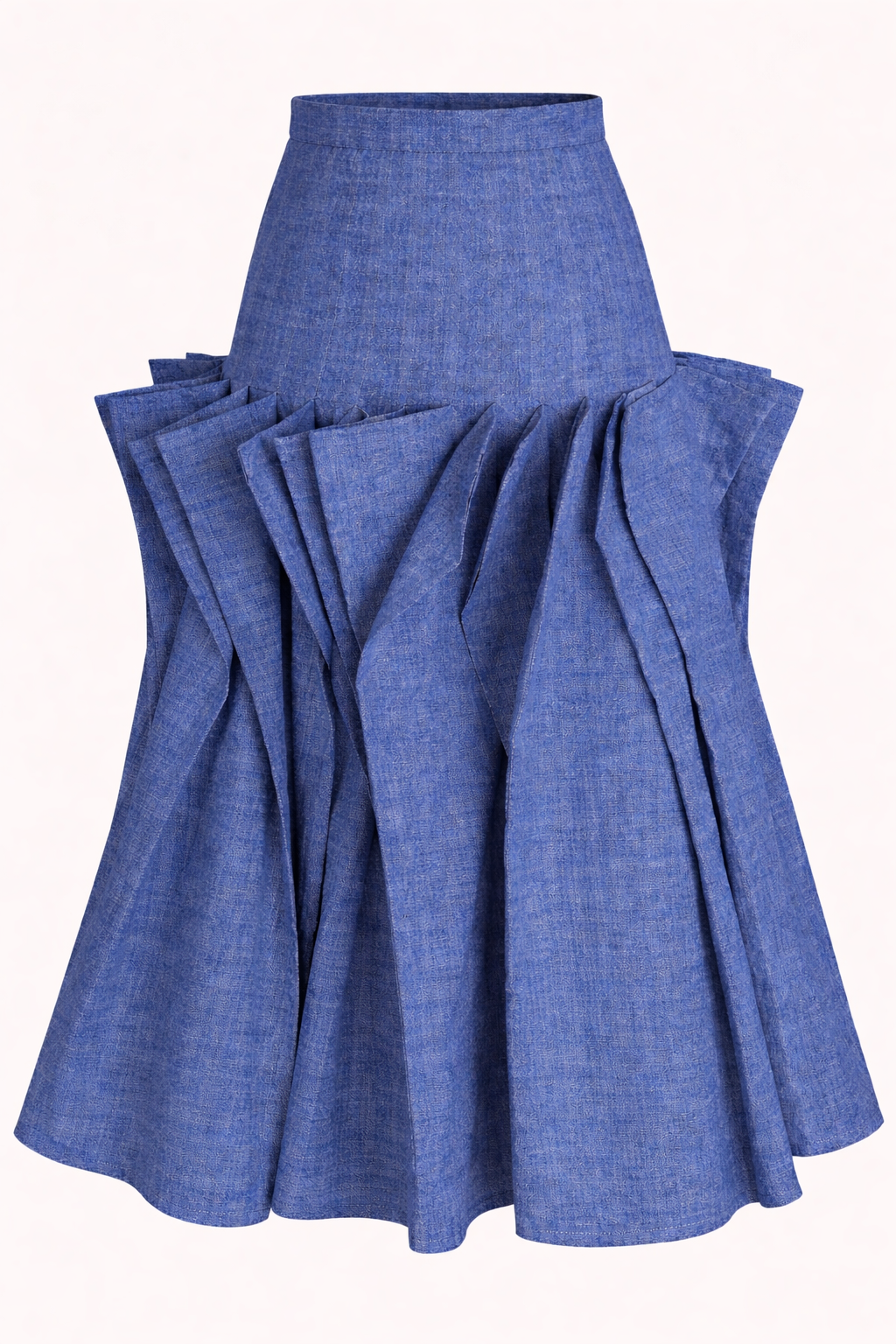 Blue denim skirt with ruffled details on a white background