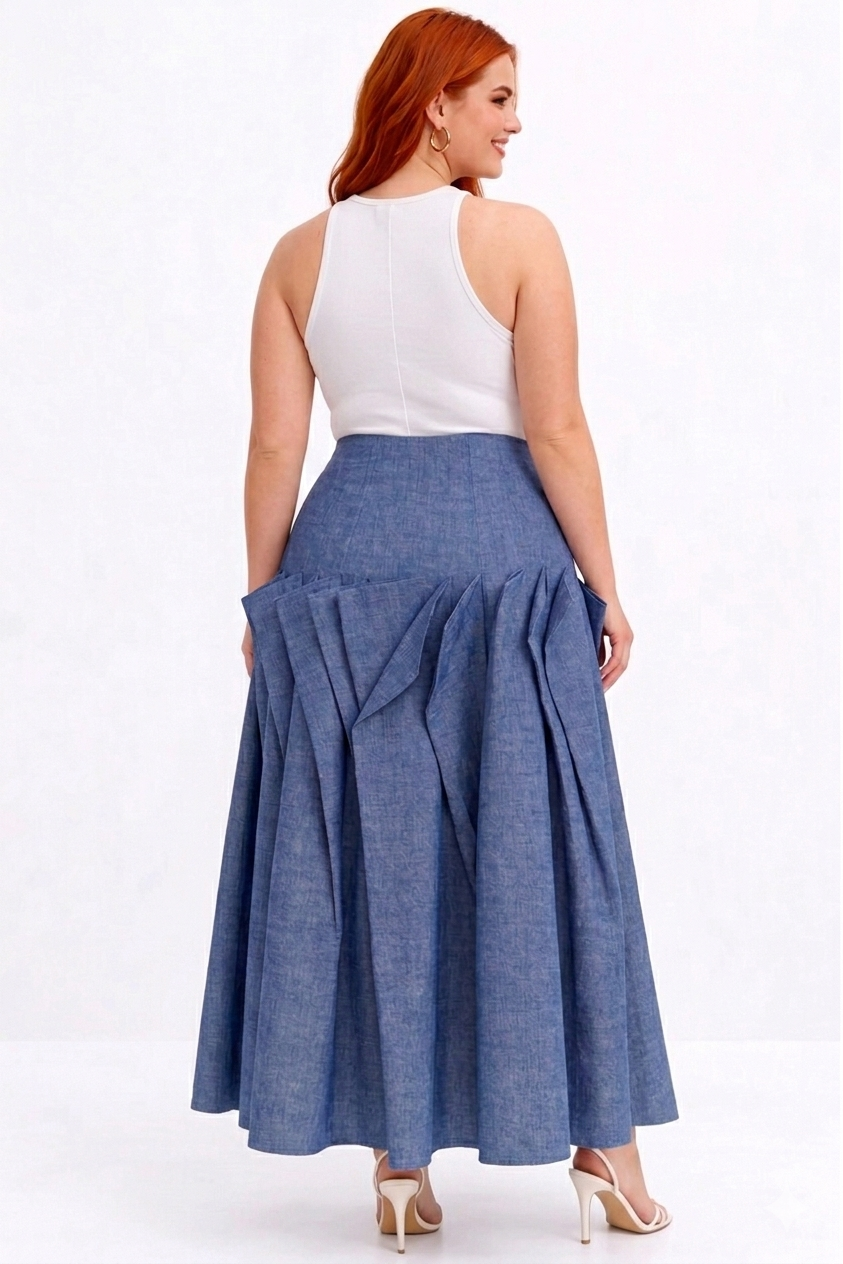 Woman wearing a white top and blue denim skirt on a white background