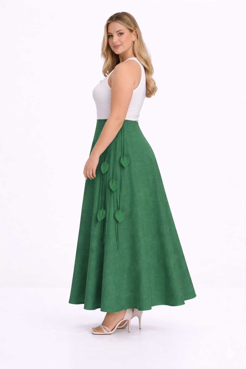 Green kingdom of daughters skirt with heart-shaped decorations on a white background