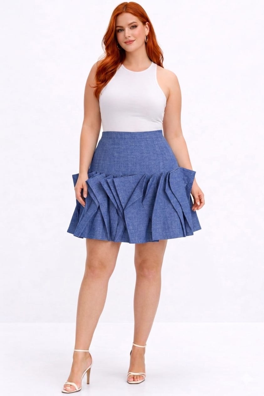 Woman wearing a white top and blue skirt on a white background