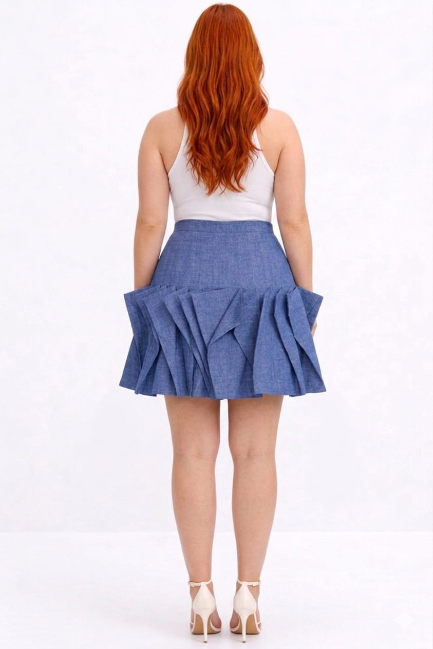 Person wearing a blue denim skirt on a white background