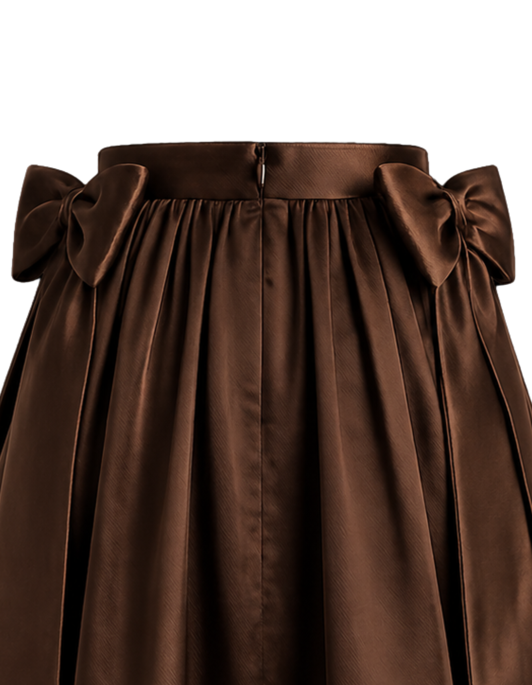Brown satin skirt with bow details on a white background